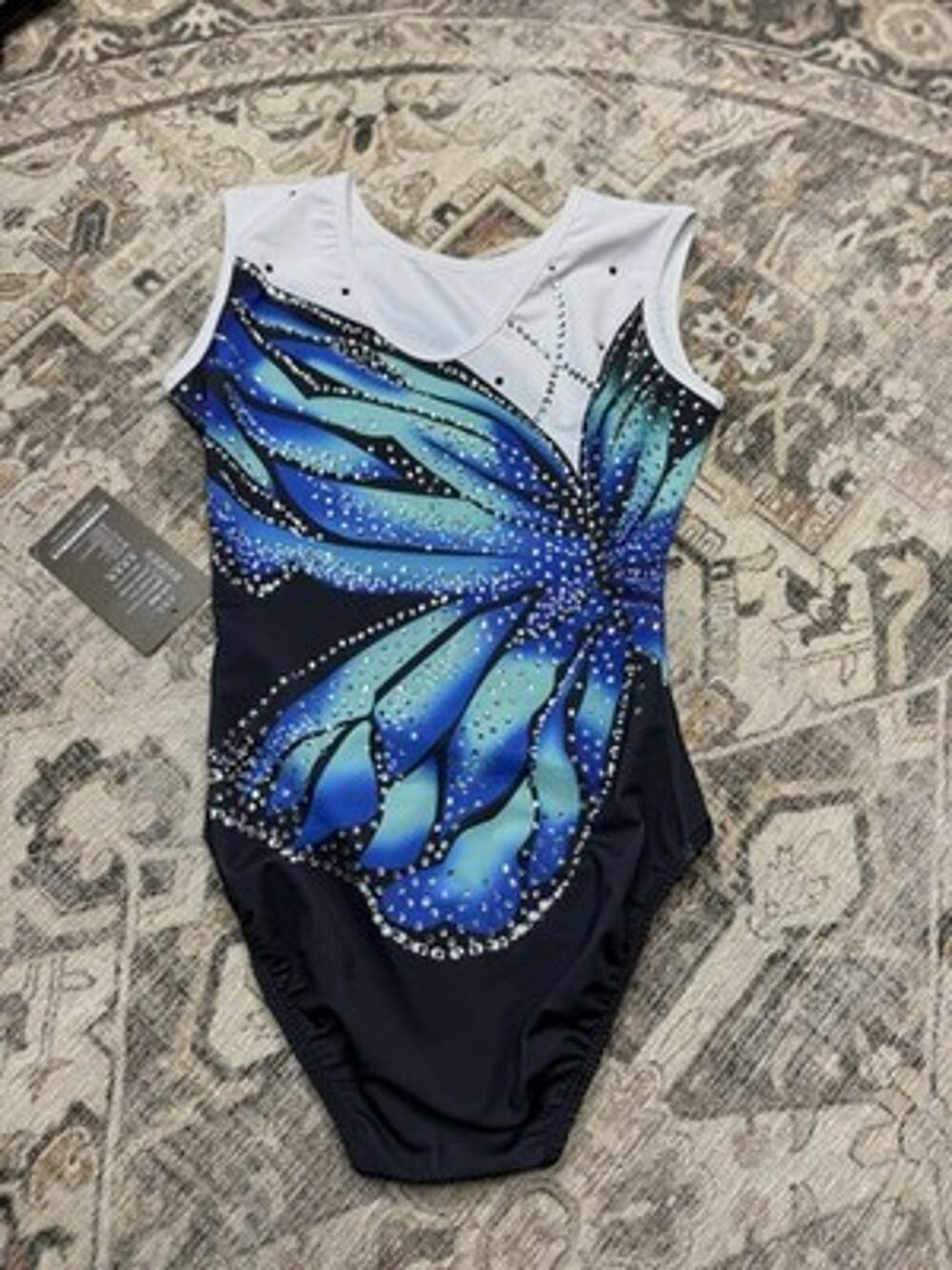 LIUHUO Girls Rhythmic Gymnastics Leotard Size 140 9/10 Blue Butterfly Rhinestone